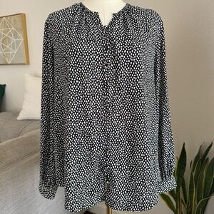 Nine West Women's Large Long Sleeve Blouse Black Top White Polka Dots Button Up